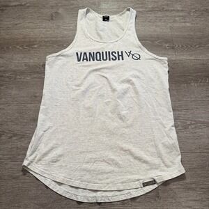 VANQUISH Tank Top Mens Medium Beige Blue Logo Spellout Workout Fitness Adult